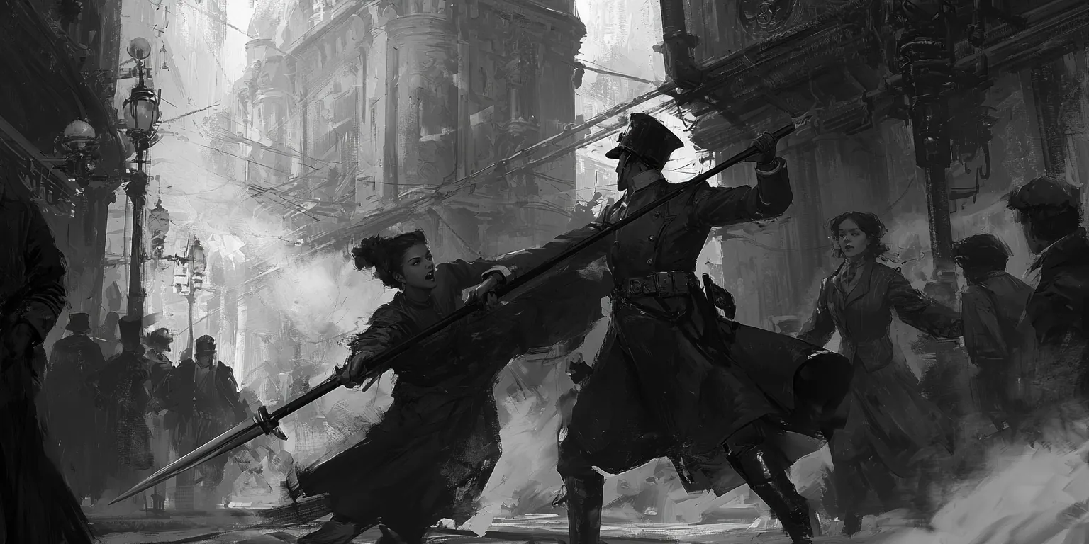 Dans la rue, une femme empoigne à deux mains la hampe qu’un garde en uniforme tient levée au-dessus d’elle ; autour d’eux les passants s’écartent, et l’un s’enfuit déjà.