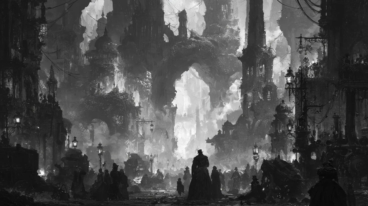 Dans une rue de la cité au crépuscule, des passants en manteau s’en vont dans toutes les directions entre les lampadaires allumés ; au fond, la brume monte entre les tours.