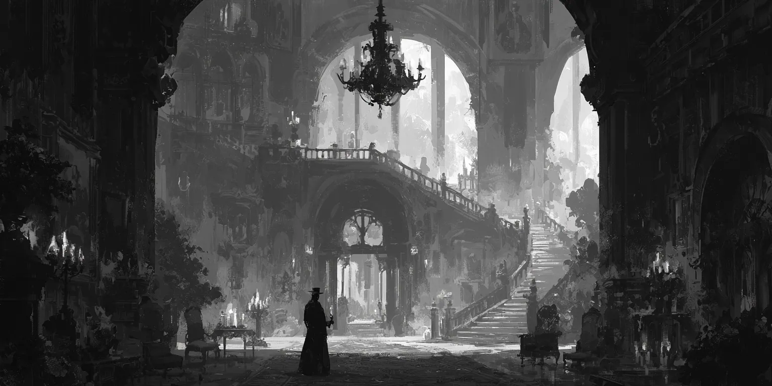 Dans un grand vestibule, sous un lustre à bougies, un homme en chapeau et long manteau s’est arrêté au milieu du dallage ; devant lui, un escalier monte vers la lumière, et des silhouettes passent en haut des marches.