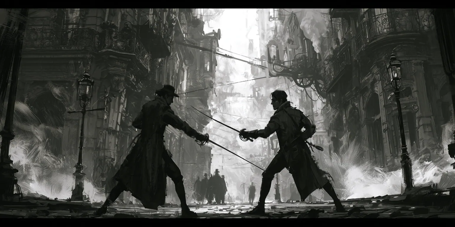 Deux silhouettes en long manteau croisent le fer au milieu d’une rue de la cité, un lampadaire allumé de chaque côté ; au fond, dans la lumière blanche, quelques passants regardent sans approcher.