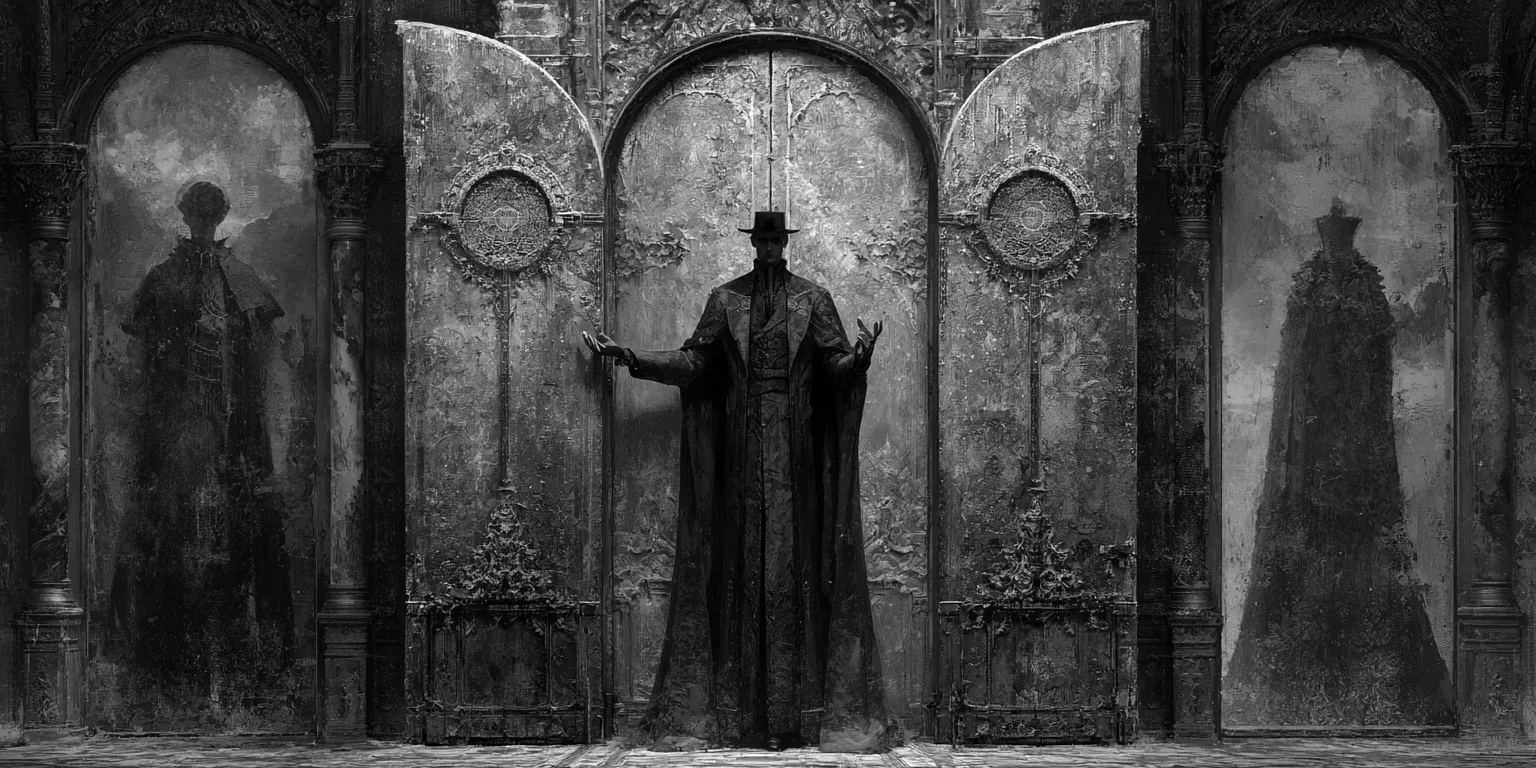 Debout entre deux hauts panneaux où se devinent des silhouettes effacées, un homme en long manteau et chapeau ouvre les bras, face à nous.