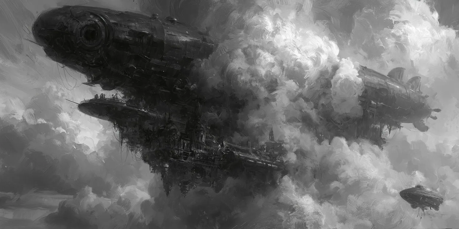 Des nefs cuirassées traversent une mer de nuages ; la plus proche passe si près qu’on voit ses coursives.