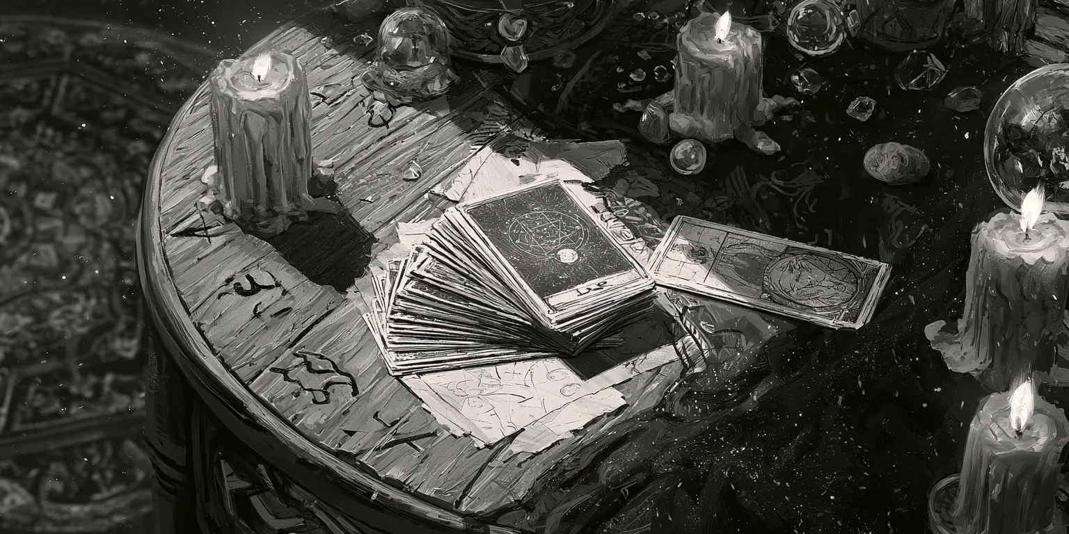 Un jeu de tarot étalé en éventail, dos dorés gravés d'une rose des vents.